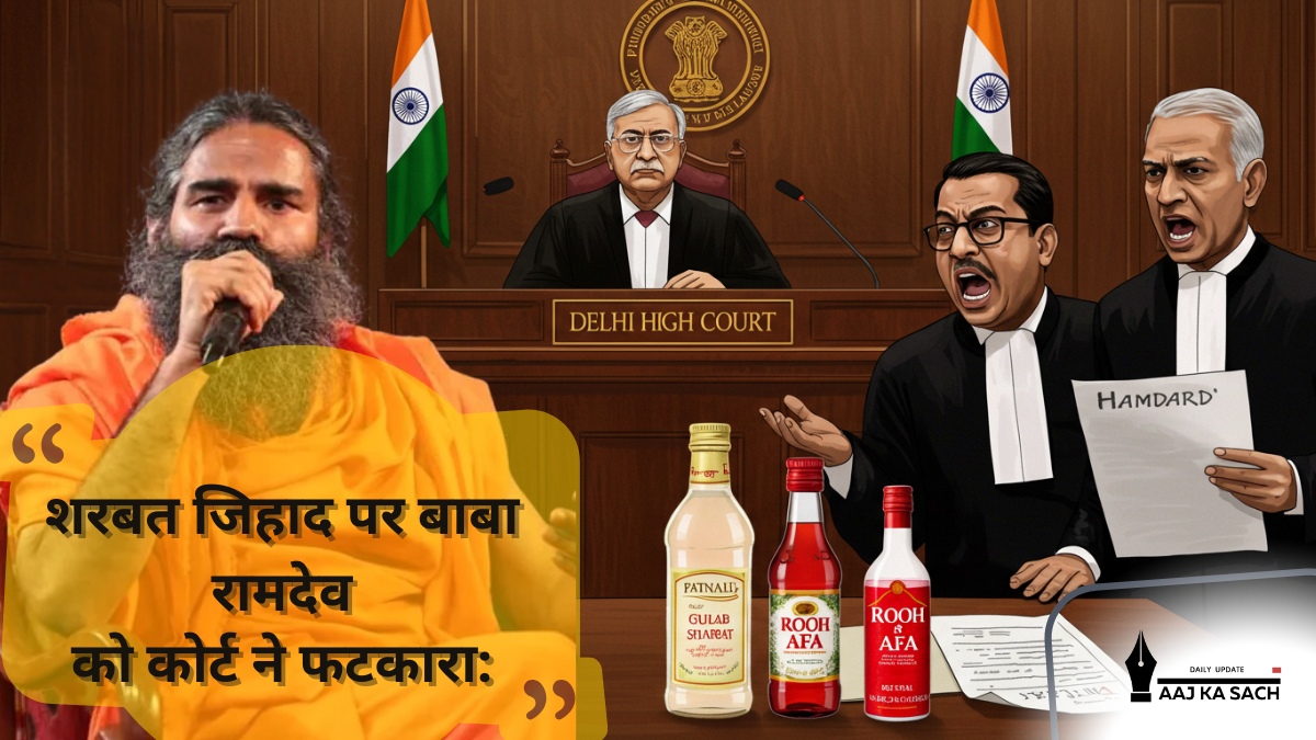 Delhi High Court courtroom scene with Baba Ramdev facing a judge, Rooh Afza and Patanjali Gulab Sharbat bottles on the table, and journalists in the background".