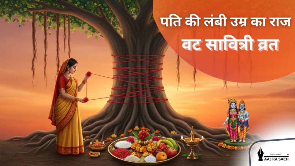 वट सावित्री व्रत 2025 में बरगद के पेड़ की पूजा करती महिला