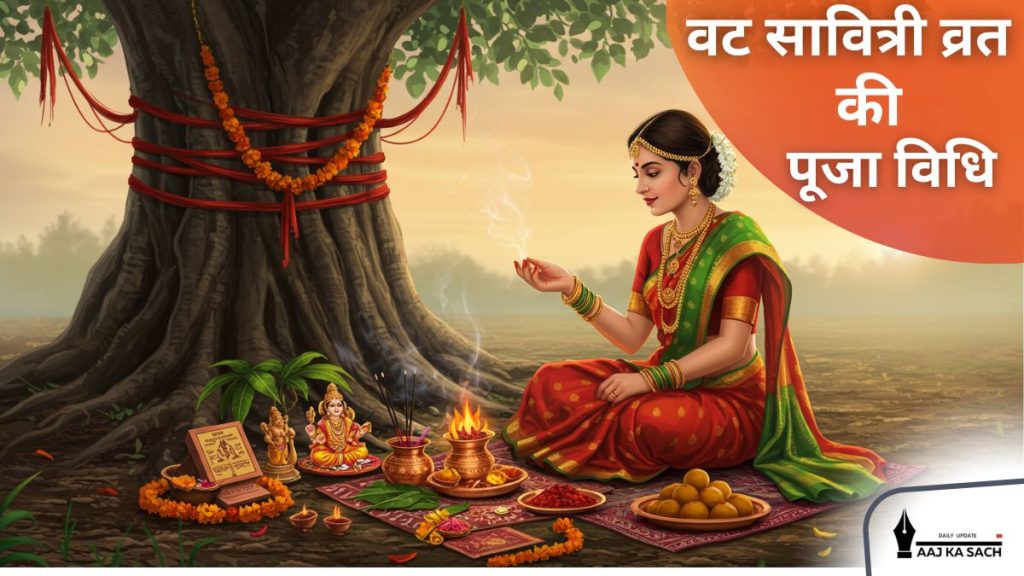 वट सावित्री व्रत 2025 में बरगद के पेड़ की पूजा करती सुहागिन महिला
